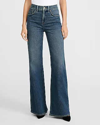 High Waisted Dark Wash Relaxed Flare Jeans | Express