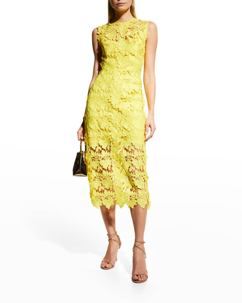 Floral-Embroidered Lace Sleeveless Midi Dress | Neiman Marcus