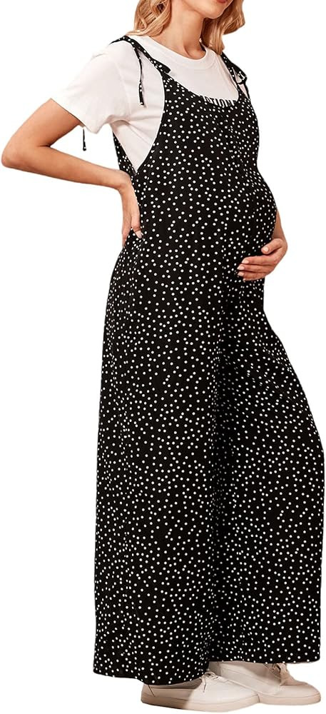 Amazon.com: Verdusa Women's Maternity Polka Dots Tie Shoulder Sleeveless Overall Jumpsuit Black S... | Amazon (US)