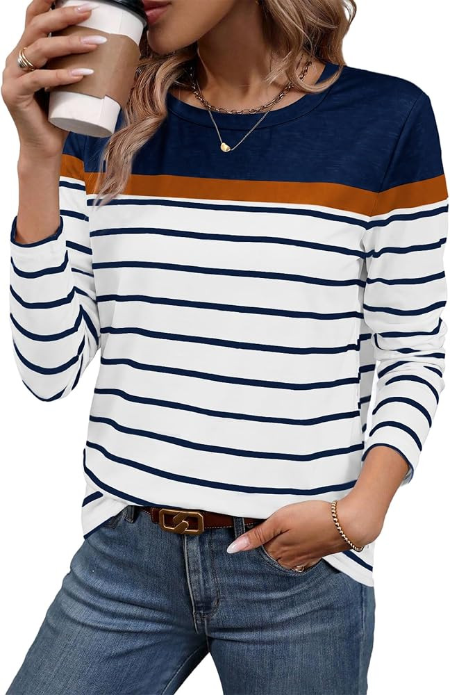 WIHOLL Long Sleeve Shirts for Women Stripe Tops Fall Fashion Outfits 2026 | Amazon (US)