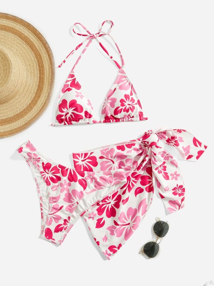 Floral Halter Micro Triangle Bikini Swimsuit With Beach Skirt | SHEIN