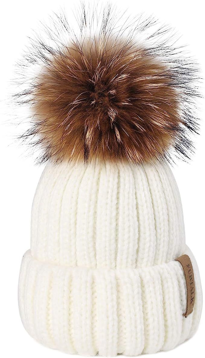 Womens Knit Beanie Winter Hats Detachable Real Raccoon Fur Pom Pom Hat Girls Ski Skull Cap | Amazon (US)