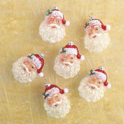 Winking Santa Ornaments Set of Six Handpainted Glass with Glitter Accents | Frontgate