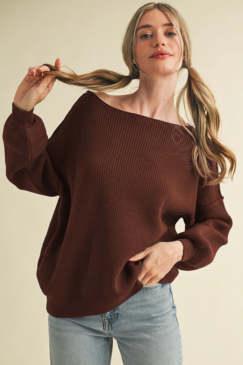 Brown Balloon Sleeve Boat Neck Knit Sweater | PinkBlush Maternity