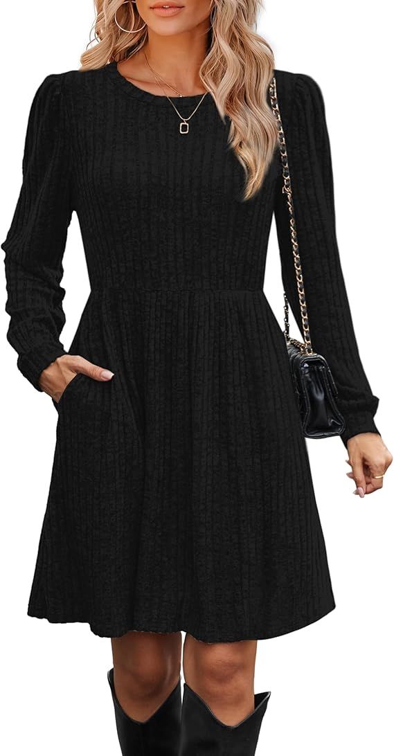 OFEEFAN Womens Fall Dresses Crew Neck Long Sleeve Winter Knit Sweater Dress 2024 | Amazon (US)