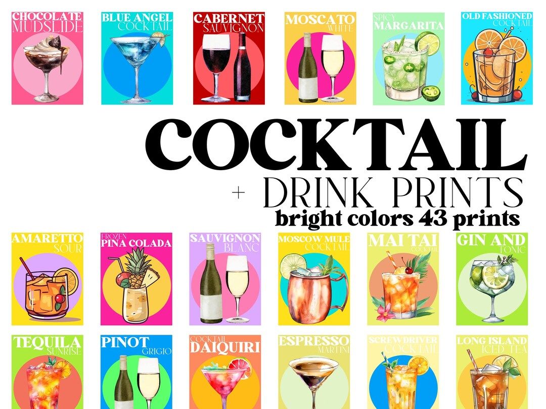 Cocktail Wine Drink Digital Prints Printable Cocktails Signs Bright Colors | Etsy (US)