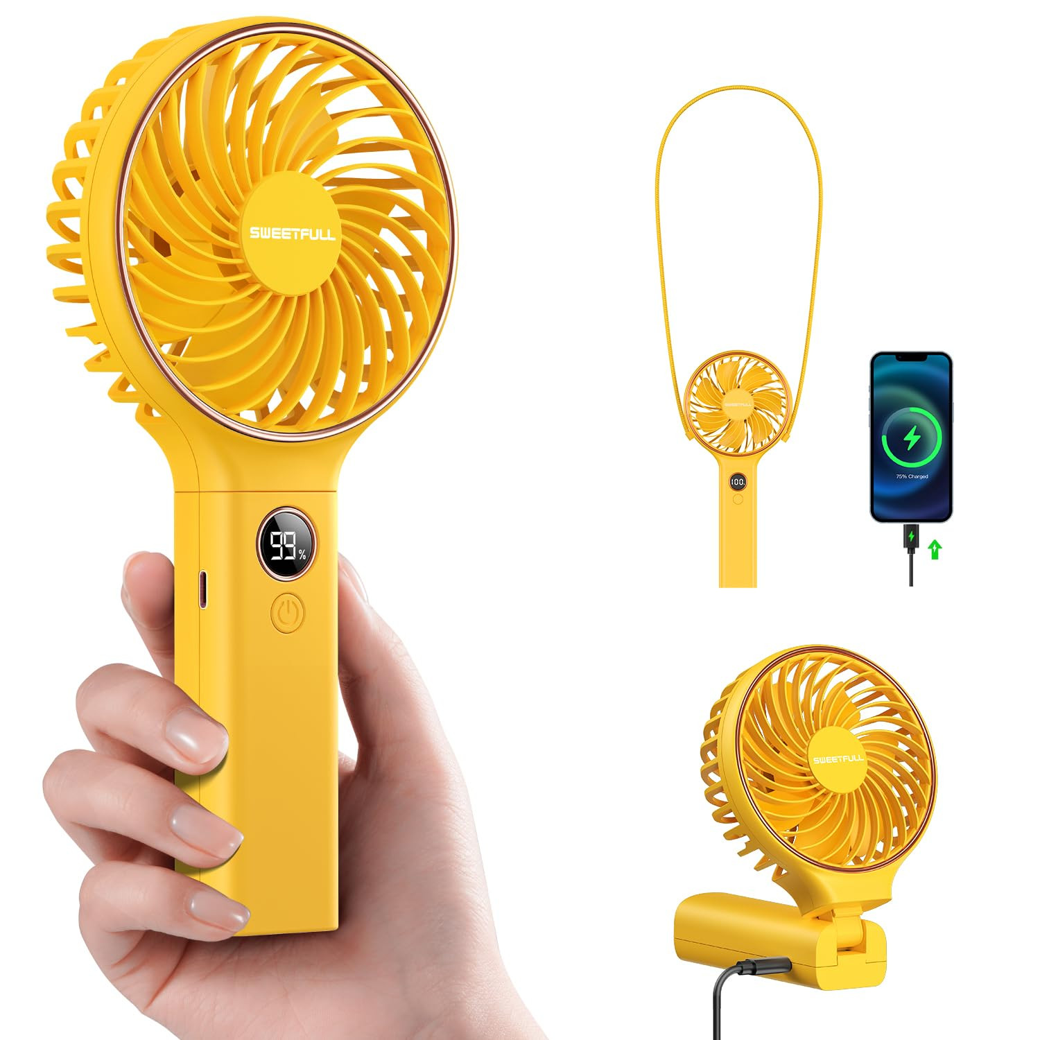 SWEETFULL Handheld Portable Fan, 5000mAh Rechargeable Battery, 6 Speed Wind, LED Digital Display,... | Amazon (US)