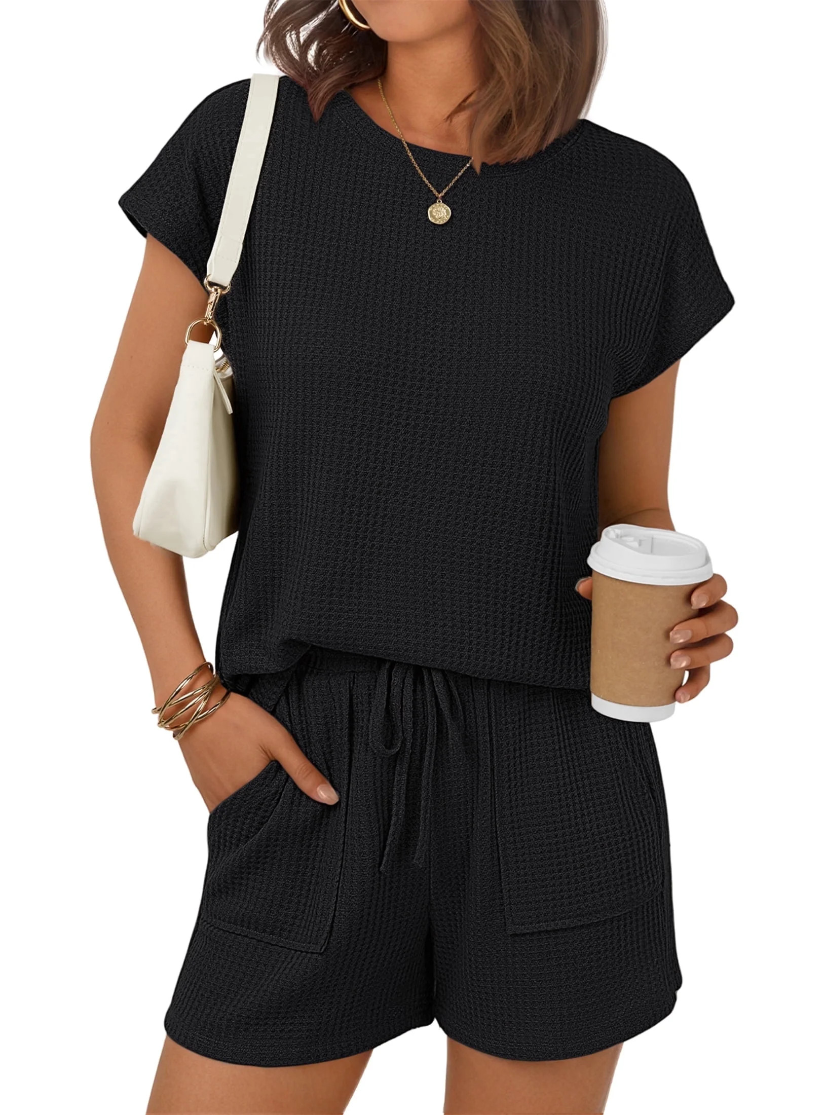 SUNBS Two Piece Outfits Lounge Sets Womens Crew Neck Sweat Suit Short Cap Waffle-Knit Sleeve Draw... | Walmart (US)