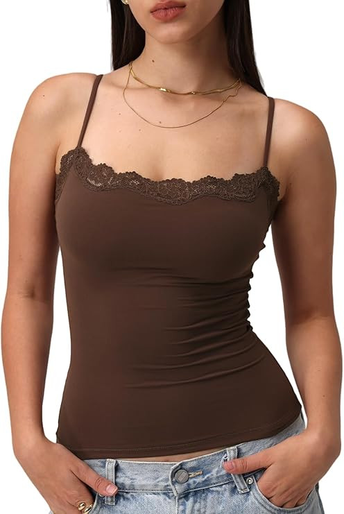 Starrylion Padded Lace Cami Top Double Lined Sexy Tank Top Spaghetti Strap Club Party Shirt | Amazon (US)