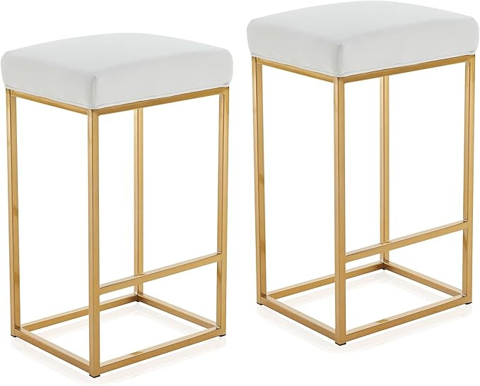 BELLEZE 30" Bar Height Bar Stools Set of 2, PU Leather Backless Barstools, Modern Upholstered Kit... | Amazon (US)