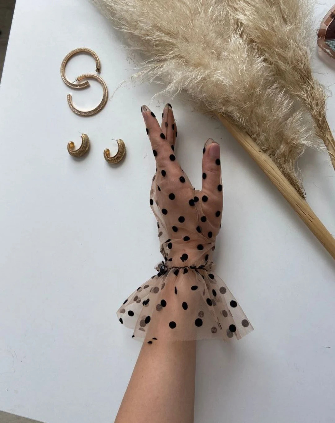Tulle Gloves for Women Beige & Black Polka Dot Lace Opera Girls Gloves Nylon Transperent Mesh Sat... | Etsy (Global)