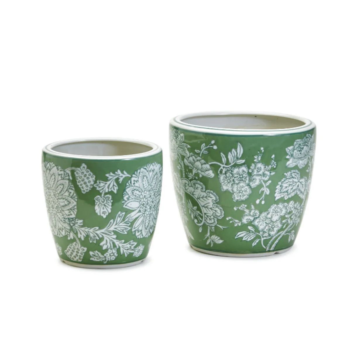 Set of Two Green & White Countryside Cachepots / Vases | The Well Appointed House, LLC