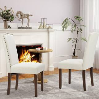 Beige Fabric Dining Chair Set of 2, Upholstered Side Chairs with Nailhead Trim and Wood Legs for Dining Room | The Home Depot