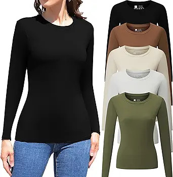 5 Pack Womens Long Sleeve Tops Crew Neck Basic T Shirt Fall Stretch Tight Fitted Thermal Shirts F... | Amazon (US)