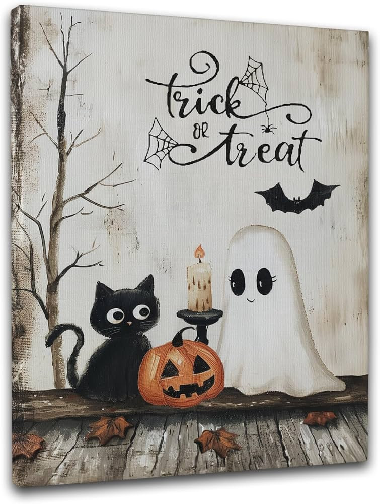 Halloween "Trick or Treat" Ghost and Cat Wall Art Canvas, 12 x 16 Inch Spooky Decorative Poster f... | Amazon (US)