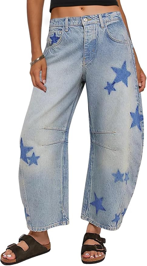 CHARTOU Y2k Barrel Jeans Women Wide Leg Baggy Distressed Printed Boyfriend Horseshoe Denim Pants | Amazon (US)