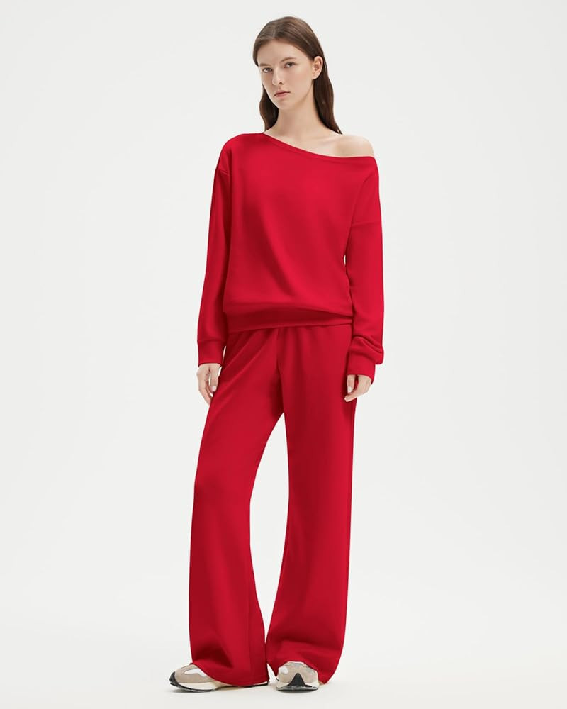 SUUKSESS Women 2 Piece Lounge Matching Set Off Shoulder Sweatshirt Wide Leg Sweatpant | Amazon (US)
