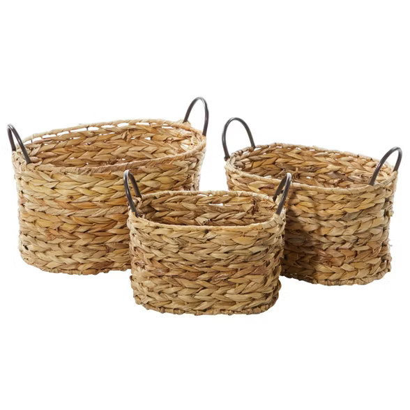 Olivia & May Set of 3 Large Oval Braided Wicker Storage Baskets with Metal Handles Natural | Target