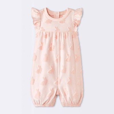 Baby Girls' Bunny Graphic Textured Knit Ruffle Tank Romper - Cloud Island™ Pink 6-9M | Target