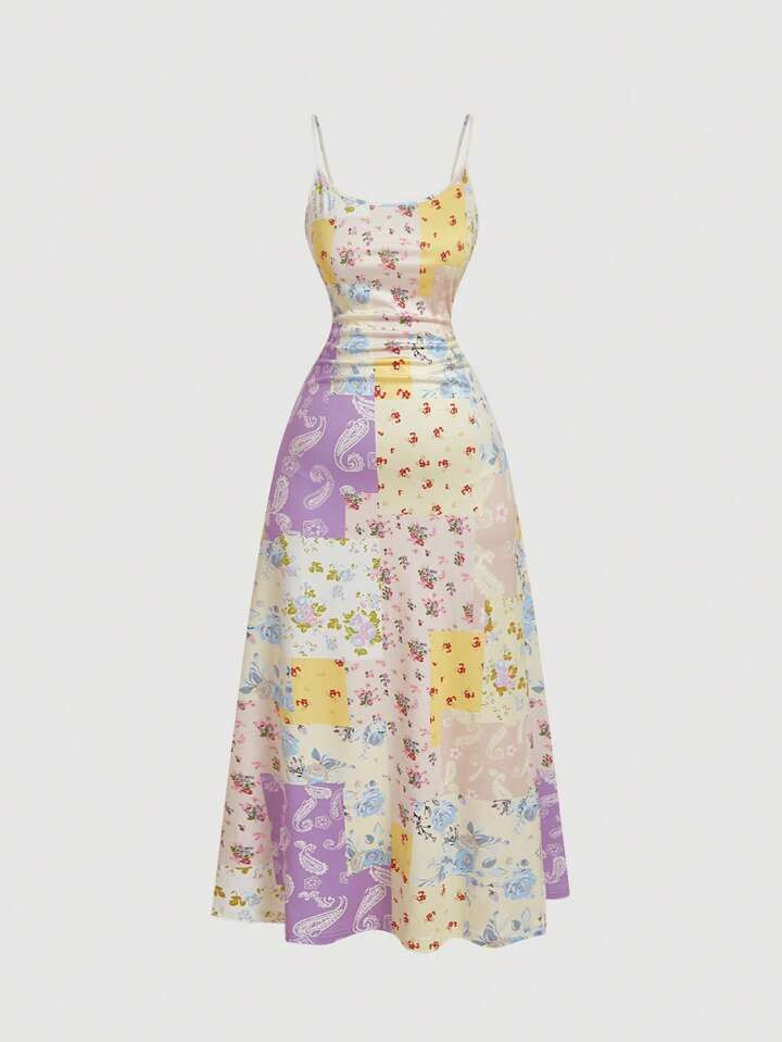 SHEIN MOD Plus Size Retro Paisley Print Patchwork Maxi Slip Dress With Fit & Flare Hem, Boho/Bohemian Style,Beach Dress Sundress,Holiday Outfits | SHEIN