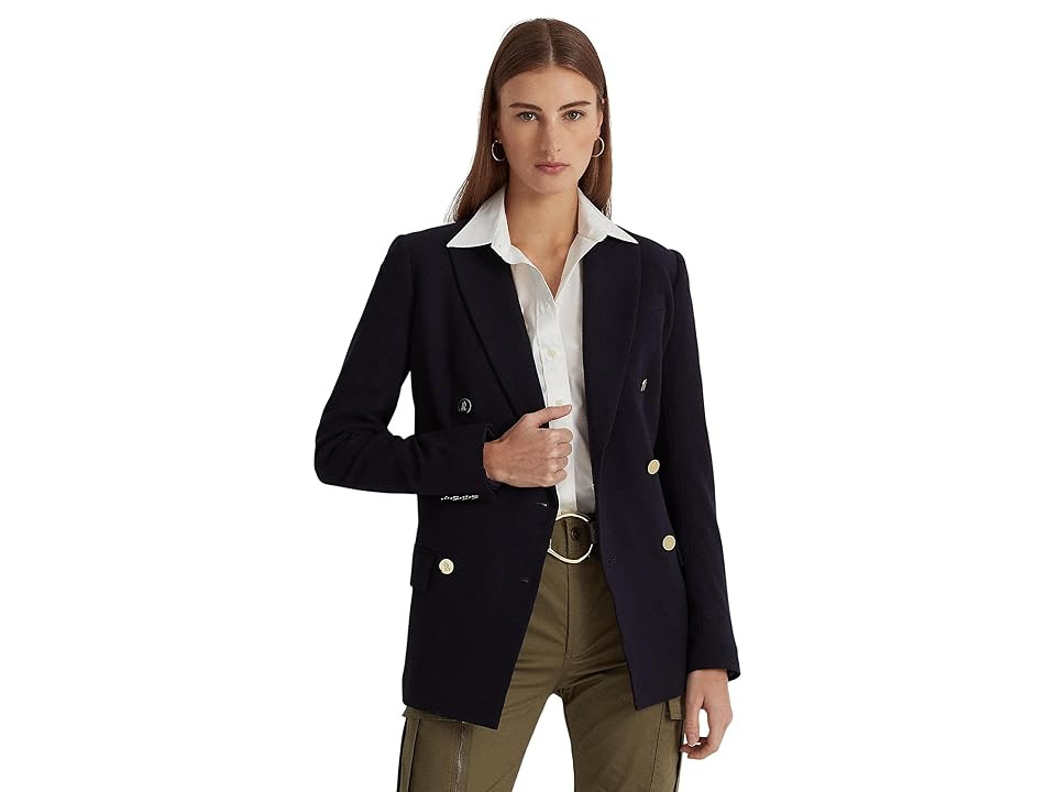 Lauren Ralph Lauren Double-Breasted Wool Crepe Blazer Women's Clothing Lauren Navy : 4, Polyester | Zappos