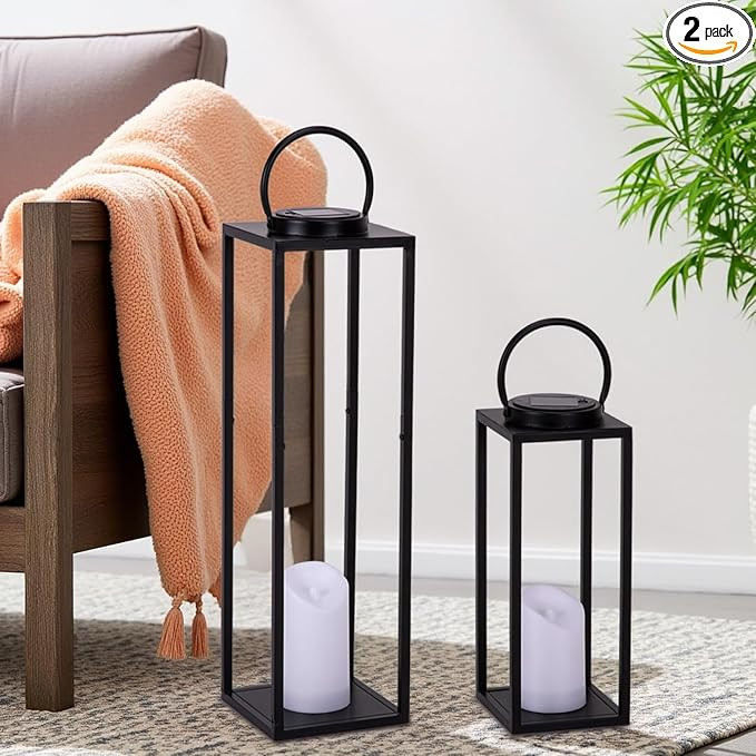 Large Solar Outdoor Lanterns, 25" 16" Tall Farmhouse Black Metal Waterproof Decorative Lanterns w... | Amazon (US)