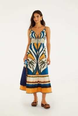Multicolor Tropical Graphic Wavy Detail Maxi Dress | FarmRio (US)