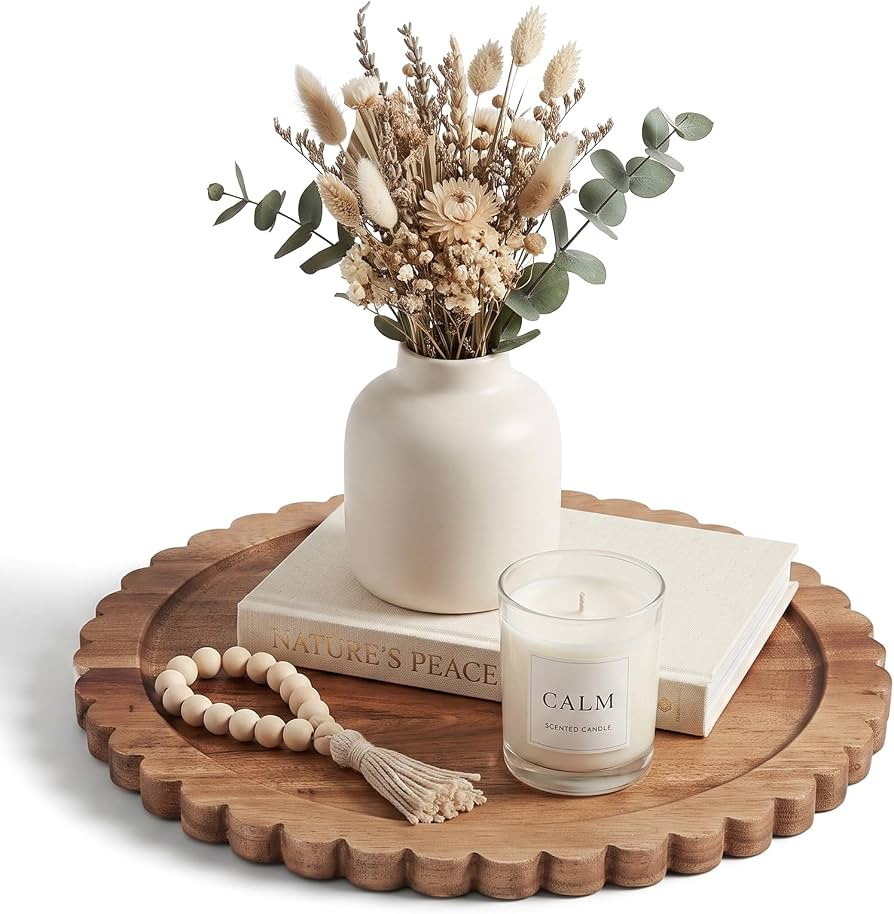 Solid Acacia Wood Decorative Tray, 12 Inch Round Scalloped Wood Tray Wooden Coffee Table Tray | Amazon (US)