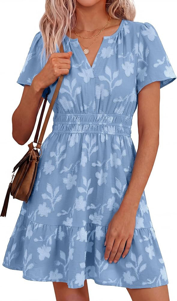 Simplee Womens Summer Floral Dress Casual Short Sleeve V Neck Empire Waist Boho Flowy A Line Mini... | Amazon (US)