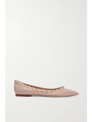 Valentino - Valentino Garavani Rockstud Textured-leather Point-toe Flats - Antique rose | NET-A-PORTER (US)