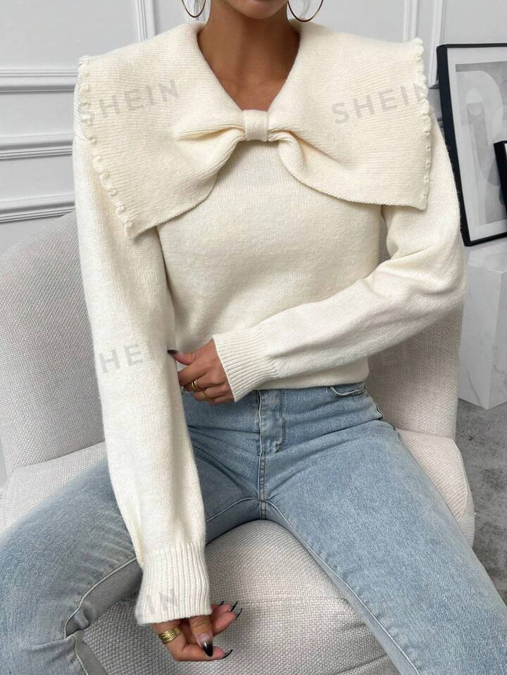 SHEIN Privé Statement Collar Bow Front Sweater | SHEIN