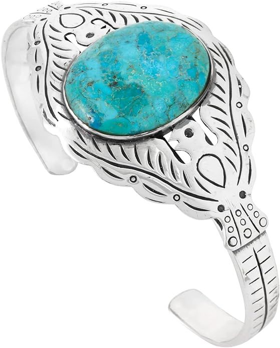 Thunderbird Turquoise Bracelet Sterling Silver 925 Genuine Turquoise Gemstones Cuff Bracelet | Amazon (US)