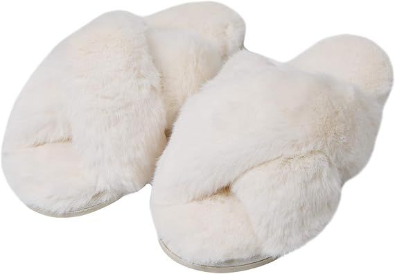 Women's Cross Band Soft Plush Fleece Slippers Fuzzy Fluffy on Open Toe Anti-Slip Rubber Sole Hous... | Amazon (US)