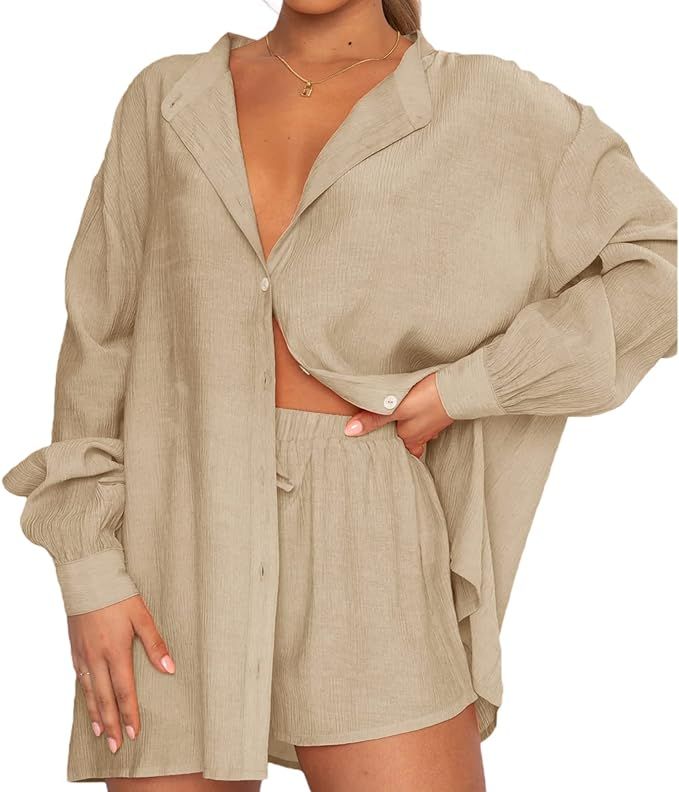 Axupico Women Linen Set 2 Piece Outfits Long Sleeve Shirt and Elastic High Waisted Short Sets Wom... | Amazon (US)