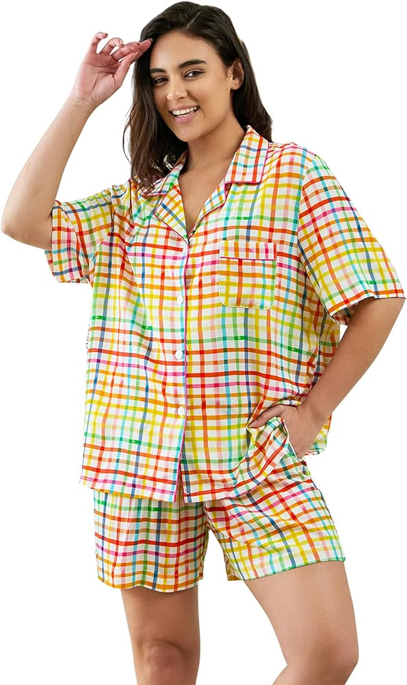 Womens Viscose Shorts Pajamas Set Button Down 2 Piece Pjs Short Sleeve Oversized Sleepwear with P... | Amazon (US)