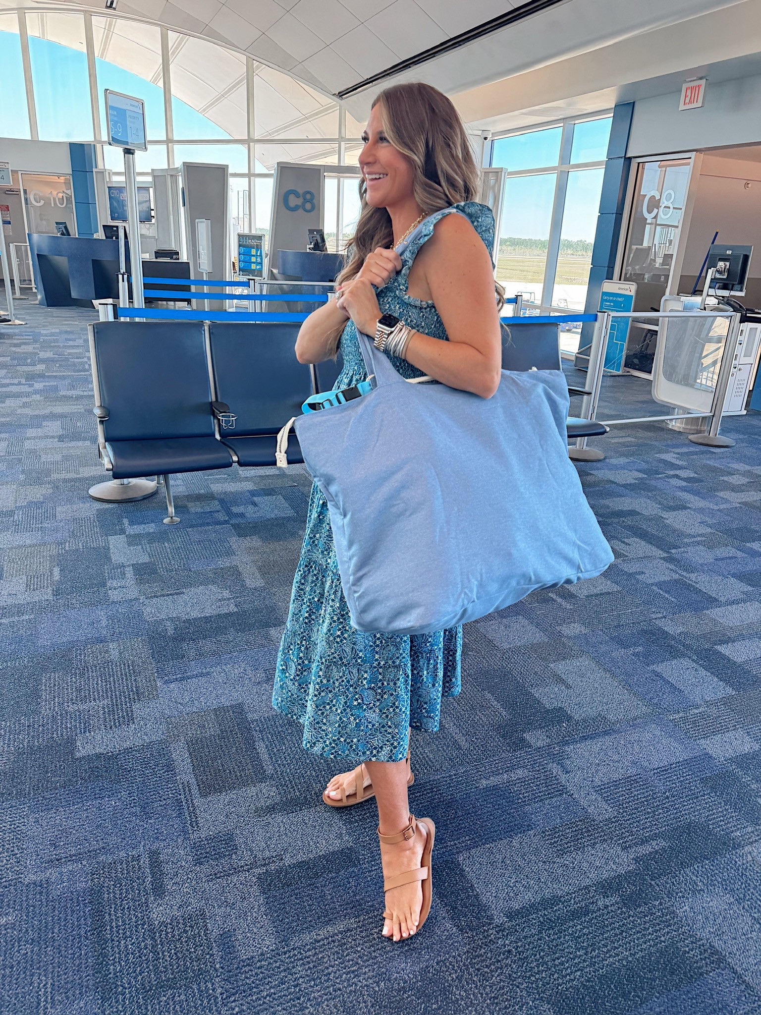 In a small Ellie nap dress, medium cardigan, sandals, large weekender tote and accessories  - all fits tts.

#LTKBaby #LTKTravel #LTKStyleTip