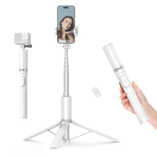 ATUMTEK 63" Phone Tripod, Extendable Selfie Stick Tripod with Bluetooth Remote, All-in-One Aluminum with Cold Shoe Mount for GoPro, 4"-7" iPhone and Android Smartphones, White | Amazon (US)