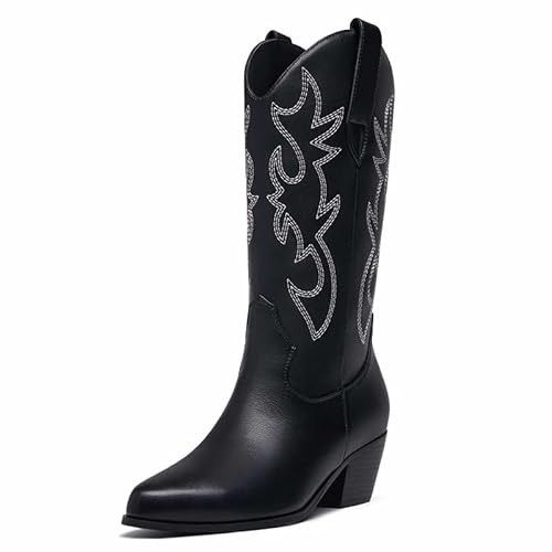 citsanos Black Cowboy Boots for Women Mid Calf Cowgirl Boots Chunky Stacked Low Heel Heel Side Zipper Embroidery Western Wid Calf Boots Almond Shaped Pointed Toe Classic Casual Fashion,11 | Amazon (US)