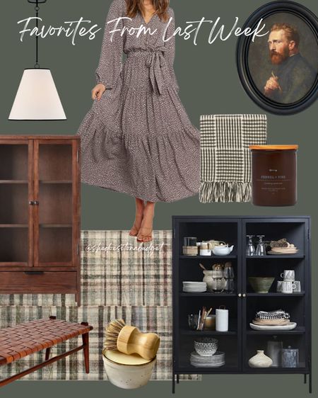 Favorites From Last Week: wood cabinet, black cabinet, plaid rug, lampshade pendant, throw blanket, soy candle, Fall dress, woven leather bench

#LTKhome #LTKsalealert #LTKSeasonal