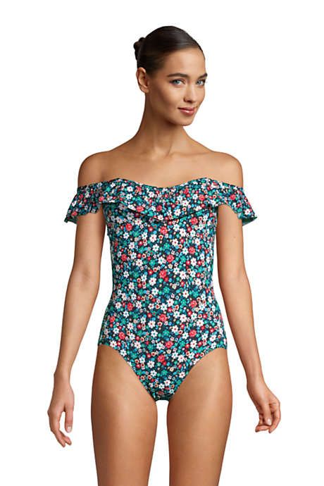 Women's Chlorine Resistant Tummy Control Off the Shoulder Ruffle One Piece Swimsuit | Lands' End (US)