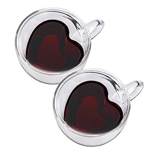 CNGLASS Double Wall Heart Shaped Glass Coffee Mugs 8.5oz,Insulated Clear Tea Cups with Handle,Unique Glass Espresso Mugs for Coffee,Cappuccino,Latte,Milk,Set of 2 | Amazon (US)