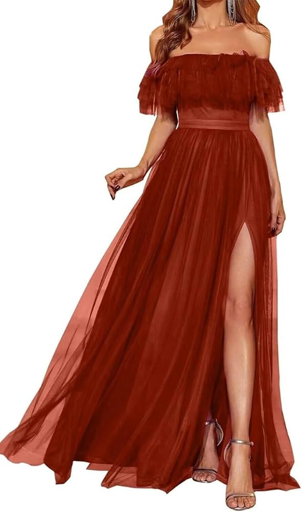 Off Shoulder Ball Gown Dress With Slit - Burgundy  | Amazon (US)