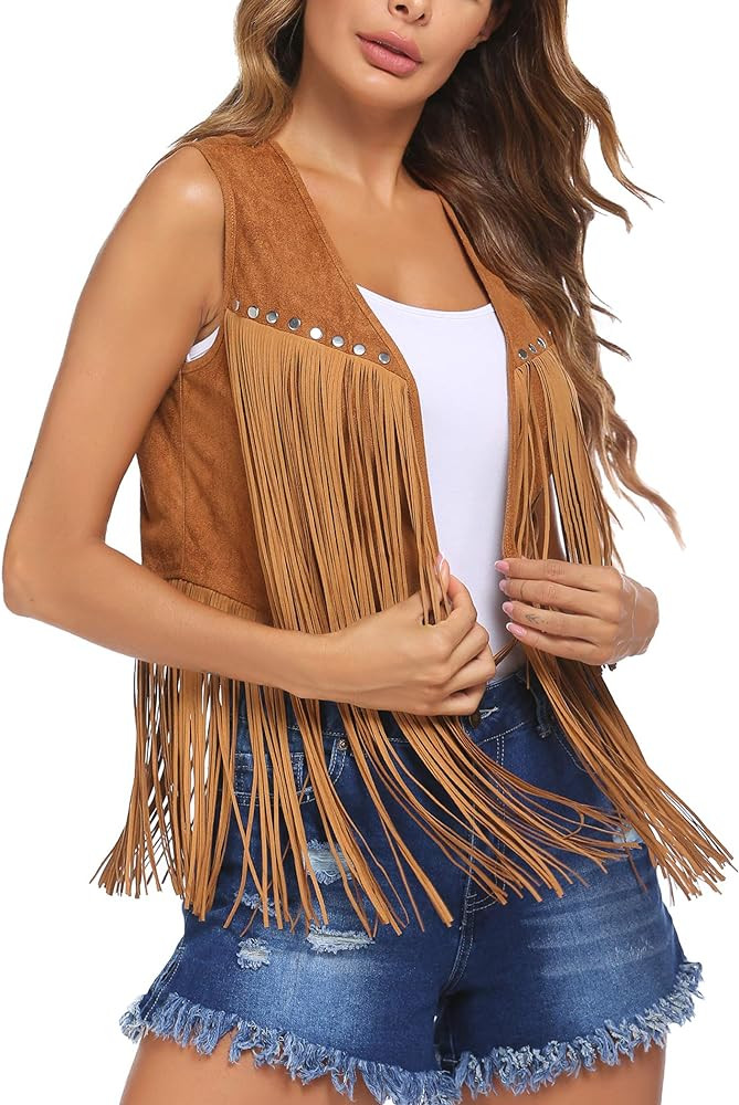 HOTLOOX Womens Fringe Vest 70s Hippie Clothes Sleeveless Faux Suede Tassel Cowgirl Western Outfit... | Amazon (US)