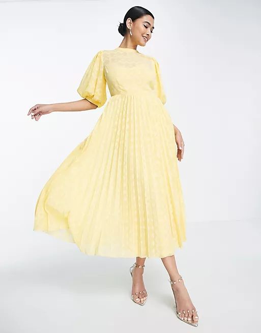 ASOS DESIGN high neck pleated chevron textured midi dress with puff sleeves in yellow | ASOS (Global)
