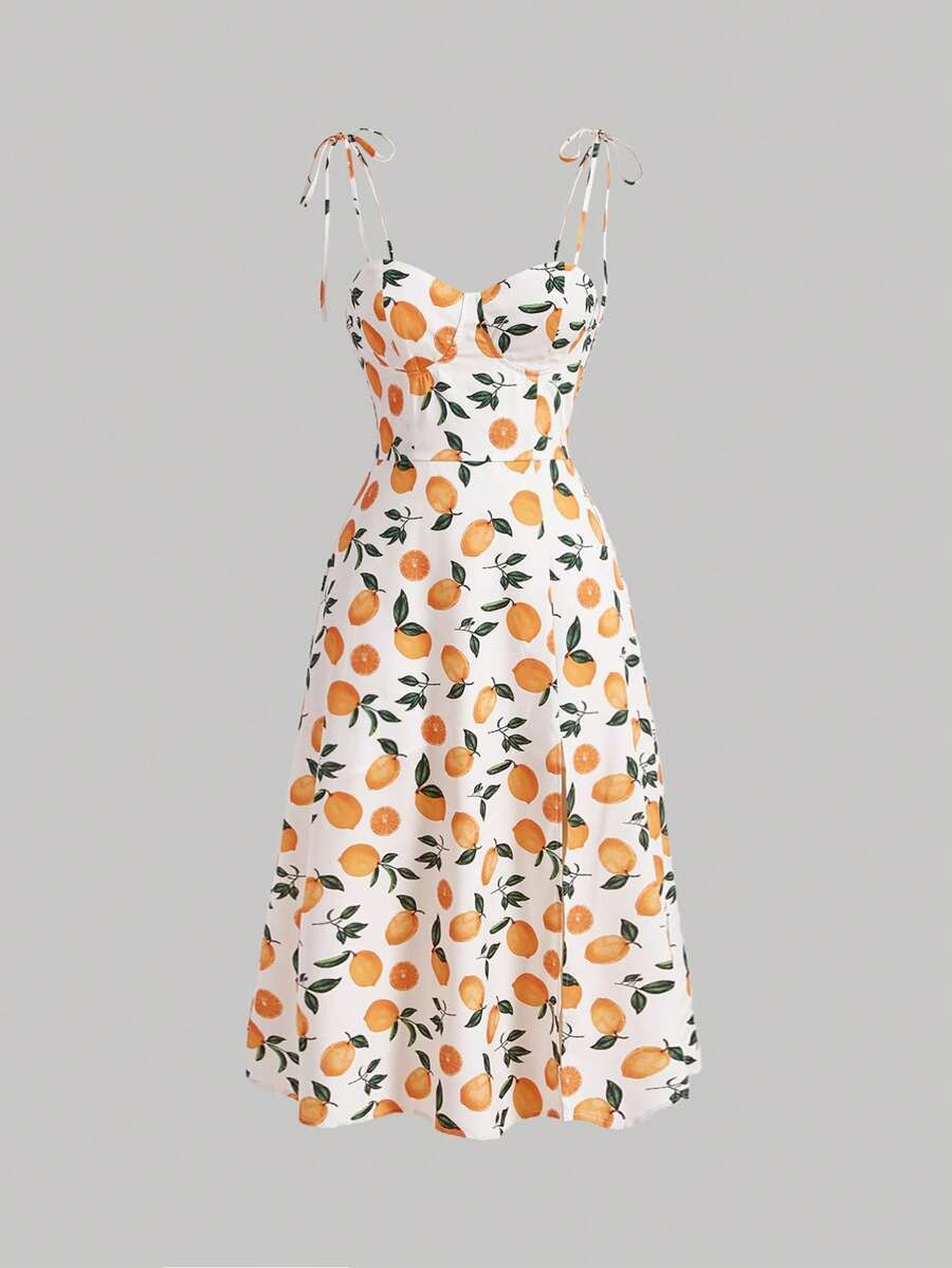 SHEIN MOD Lemon Print Tie Shoulder Cami Dress | SHEIN