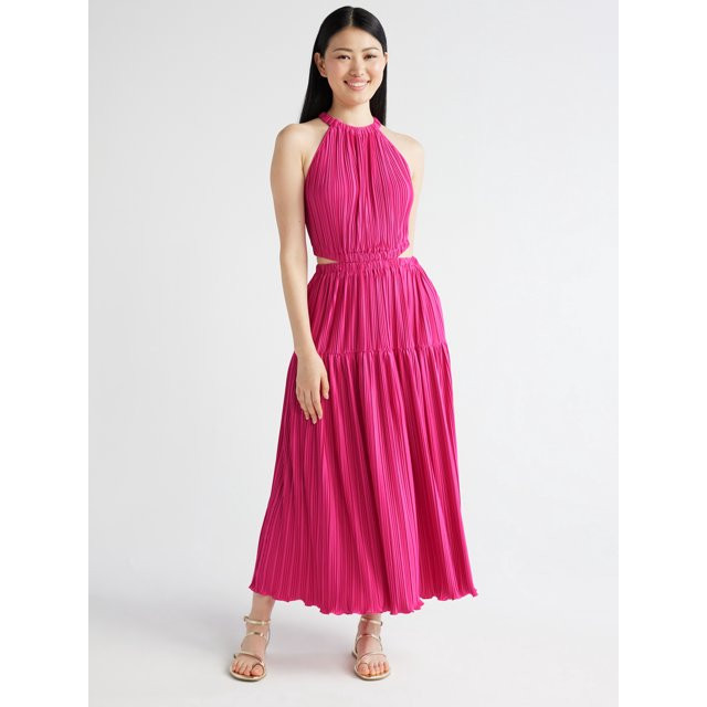 Scoop Women's Pleated Plisse Halter Maxi Dress with Cutouts, Sizes XS-XXL | Walmart (US)