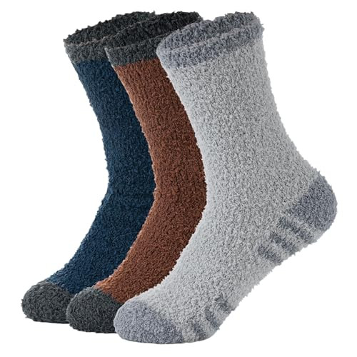 American Trends Fuzzy Slipper Socks - Unisex Fluffy Cozy Crew Fleece for Fall Winter Warm Sleep - Brown, Light Grey & Navy | Amazon (US)