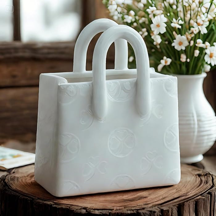 White Ceramic Vase Handbag Shaped with Clover Embossed, 6x3x7 Inch Home Decor, Decorative Vase fo... | Amazon (US)