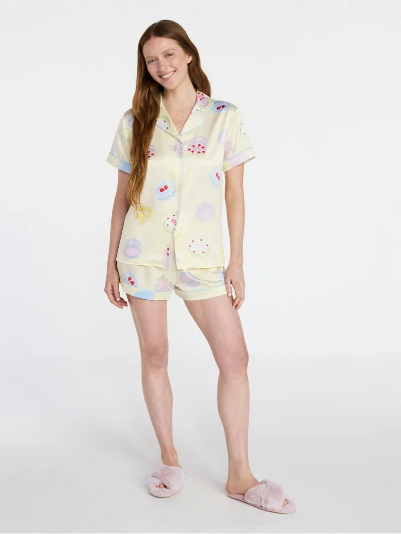 Joyspun Women’s Stretch Satin Short Sleeve Top and Shorts Pajama Set, Sizes XS-3X | Walmart (US)