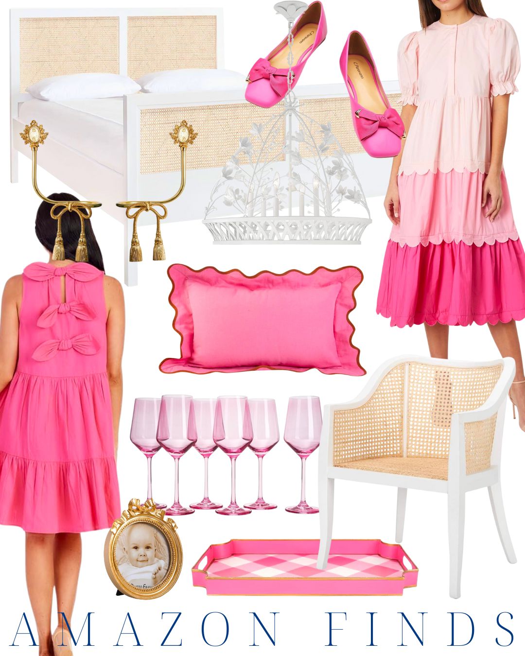 pink scalloped dress | pink bow dress | cane dining chair | coastal home | brass bow | white chan... | Amazon (US)